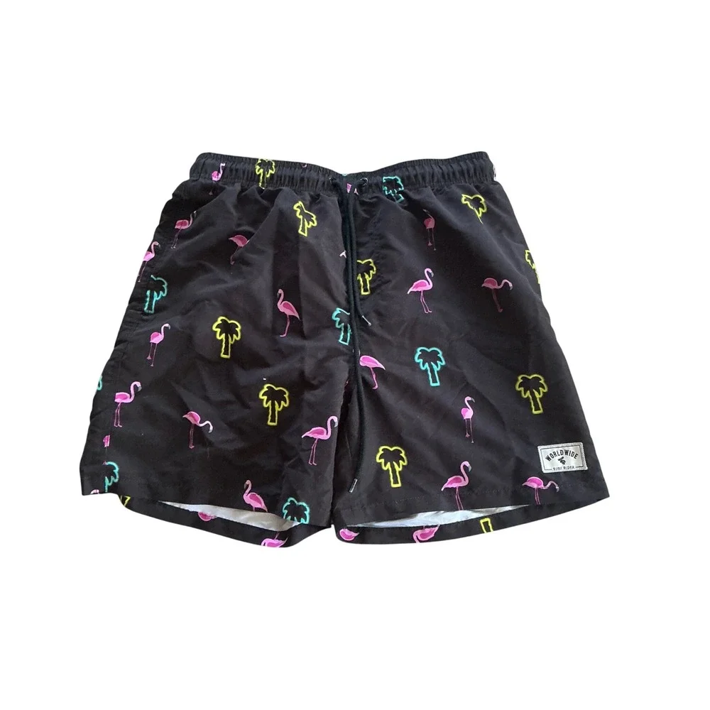 Worldwide Surf Rider Mens Medium Black Neon Flamingo Palm Tree Swim Trunks Short